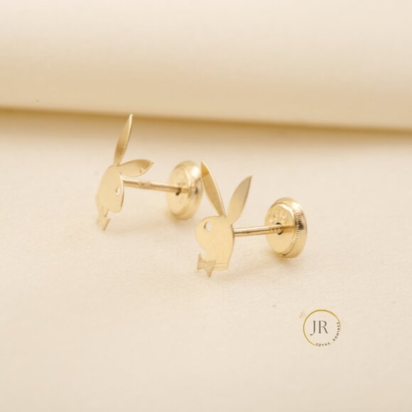 14K Solid Gold Playboy Bunny Silhouette Stud Earrings - Picture 4 of 7